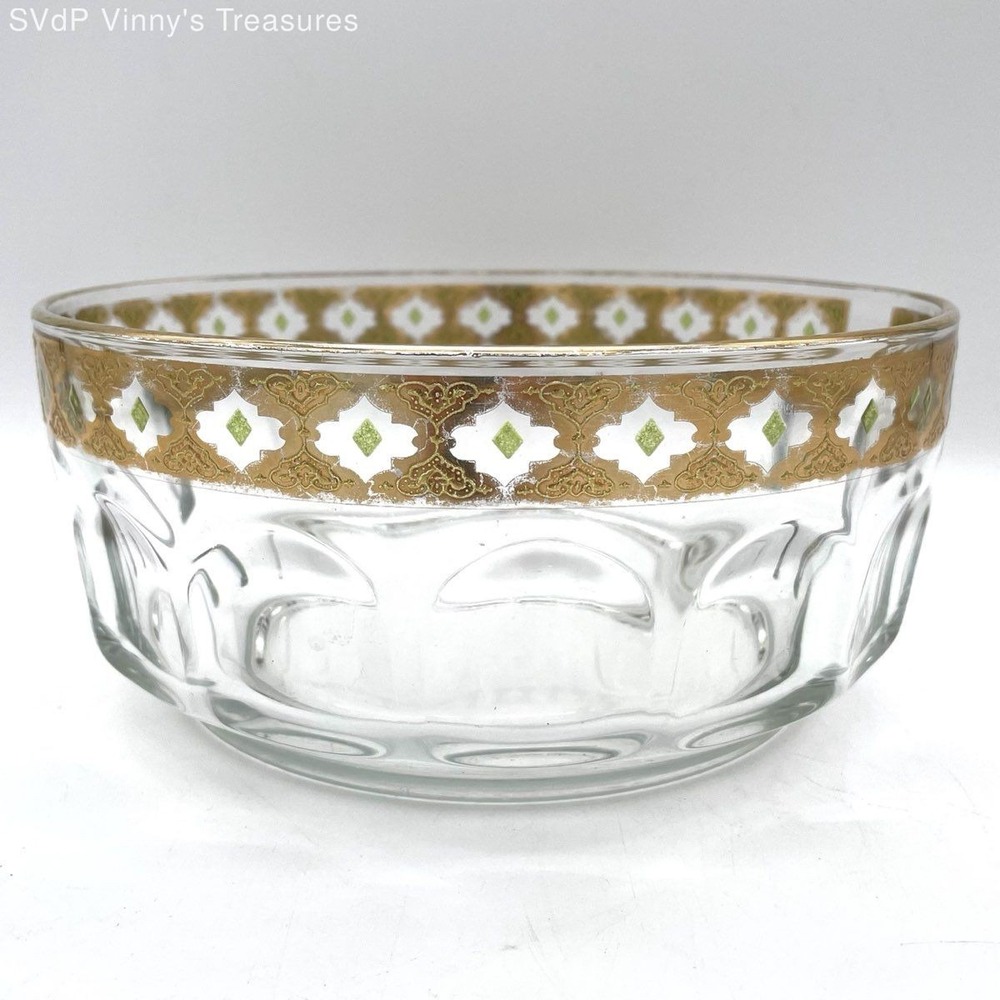 Vintage Arcoroc France Gold & Olive Green Serving Bowl 8" Glass Salad Fruit Bowl